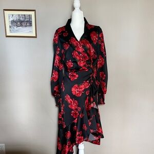 Rachel Parcell Black and Red Floral Long Sleeve Dress